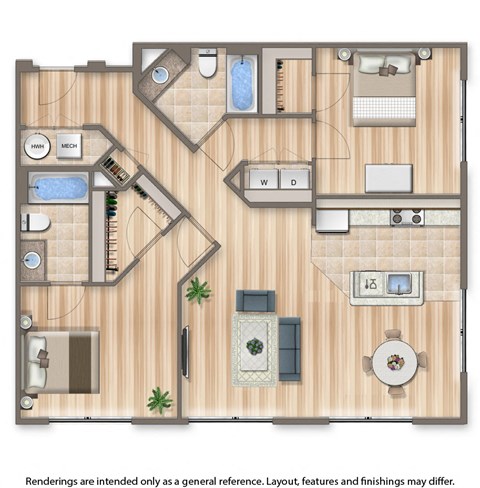 sheridan station two bedroom apartment floor plan rendering